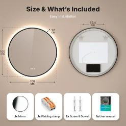 Mirlux Miroir de salle de bains lumineux LED rond 100 cm, noir mat, antibuée
