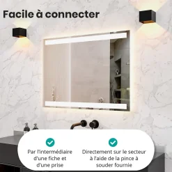 Mirlux Miroir de salle de bains lumineux LED rectangulaire 90x65 cm, Sans cadre, chauffant antibuée