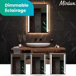 Mirlux Miroir de salle de bains lumineux LED rectangulaire 90x65 cm, Sans cadre, chauffant antibuée