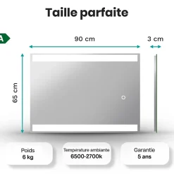 Mirlux Miroir de salle de bains lumineux LED rectangulaire 90x65 cm, Sans cadre, chauffant antibuée