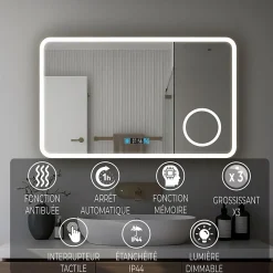 Saniland Miroir LED antibuée 120x70 avec zone grossissante X3 température de couleur réglable