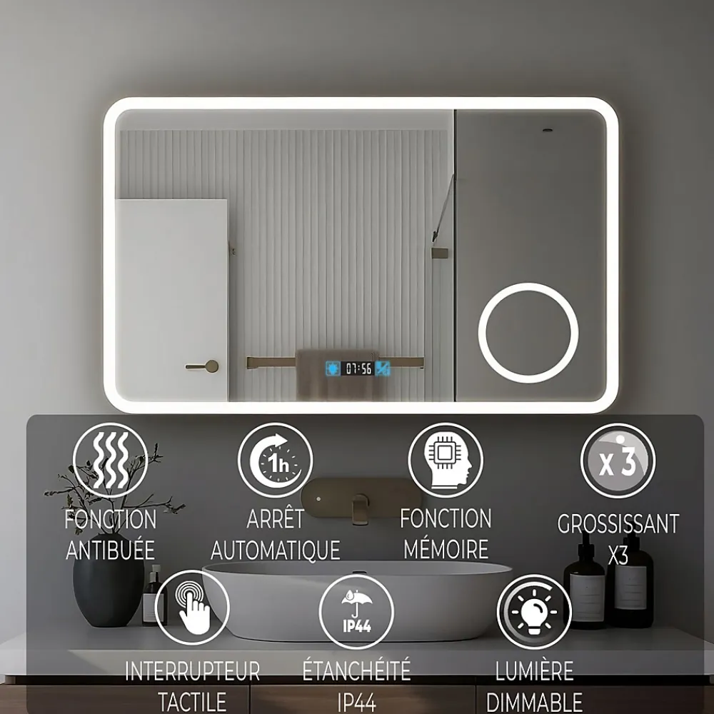 Saniland Miroir LED antibuée 80x60 avec zone grossissante X3 température de couleur réglable