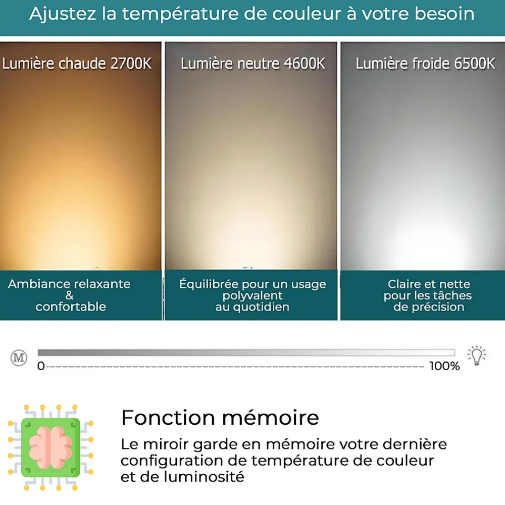 Saniland Miroir LED antibuée 80x60 avec zone grossissante X3 température de couleur réglable