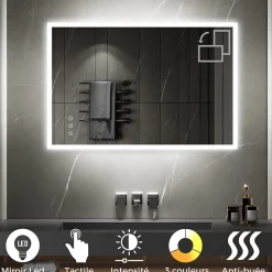 Miroir Lumineux|Saniverre Miroir LED lumineux TEMEO 90 x 120 cm (ou 120x90) antibuée + intensité 2100 lms & couleur réglables salle de bain -