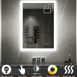 Saniverre Miroir LED lumineux TEMEO 60 x 80 cm (ou 80x60) antibuée + intensité 2100 lms & couleur réglables salle de bain -