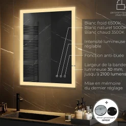 Saniverre Miroir LED lumineux TEMEO 60 x 80 cm (ou 80x60) antibuée + intensité 2100 lms & couleur réglables salle de bain -
