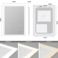 Saniverre Miroir LED lumineux TEMEO 60 x 80 cm (ou 80x60) antibuée + intensité 2100 lms & couleur réglables salle de bain -
