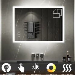 Saniverre Miroir LED lumineux TEMEO 70 x 100 cm (ou 100x70) antibuée + intensité 2100 lms & couleur réglables salle de bain -