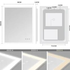 Miroir Lumineux|Saniverre Miroir LED lumineux TEMEO 80 x 100 cm (ou 100x80) antibuée + intensité 2100 lms & couleur réglables salle de bain -