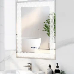 Miroir Lumineux|Giantex Miroir LED Mural de Salle de Bain Eclairage LED 3 Couleurs Memoire Antibuee Lecture Heure Temperature Rectangulaire-Motif