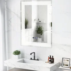 Miroir Lumineux|Giantex Miroir LED Mural de Salle de Bain Eclairage LED 3 Couleurs Memoire Antibuee Lecture Heure Temperature Rectangulaire-Motif