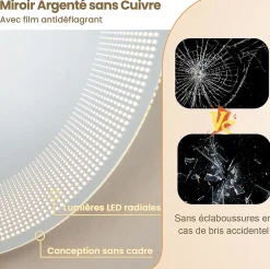 Miroir Lumineux|Giantex Miroir LED Mural de Salle de Bain Eclairage LED 3 Couleurs Fonction Memoire Antibuee Lecture Heure Temperature Rond-Blanc