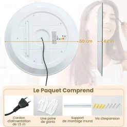 Miroir Lumineux|Giantex Miroir LED Mural de Salle de Bain Eclairage LED 3 Couleurs Fonction Memoire Antibuee Lecture Heure Temperature Rond-Blanc