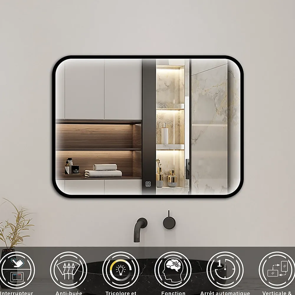 Miroir Lumineux|AICA Sanitaire Miroir LED pour Salle de Bain 90x70 cm - Anti-Buée, Lumière tricolore et Dimmable