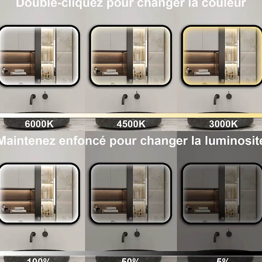 Miroir Lumineux|AICA Sanitaire Miroir LED pour Salle de Bain 90x70 cm - Anti-Buée, Lumière tricolore et Dimmable