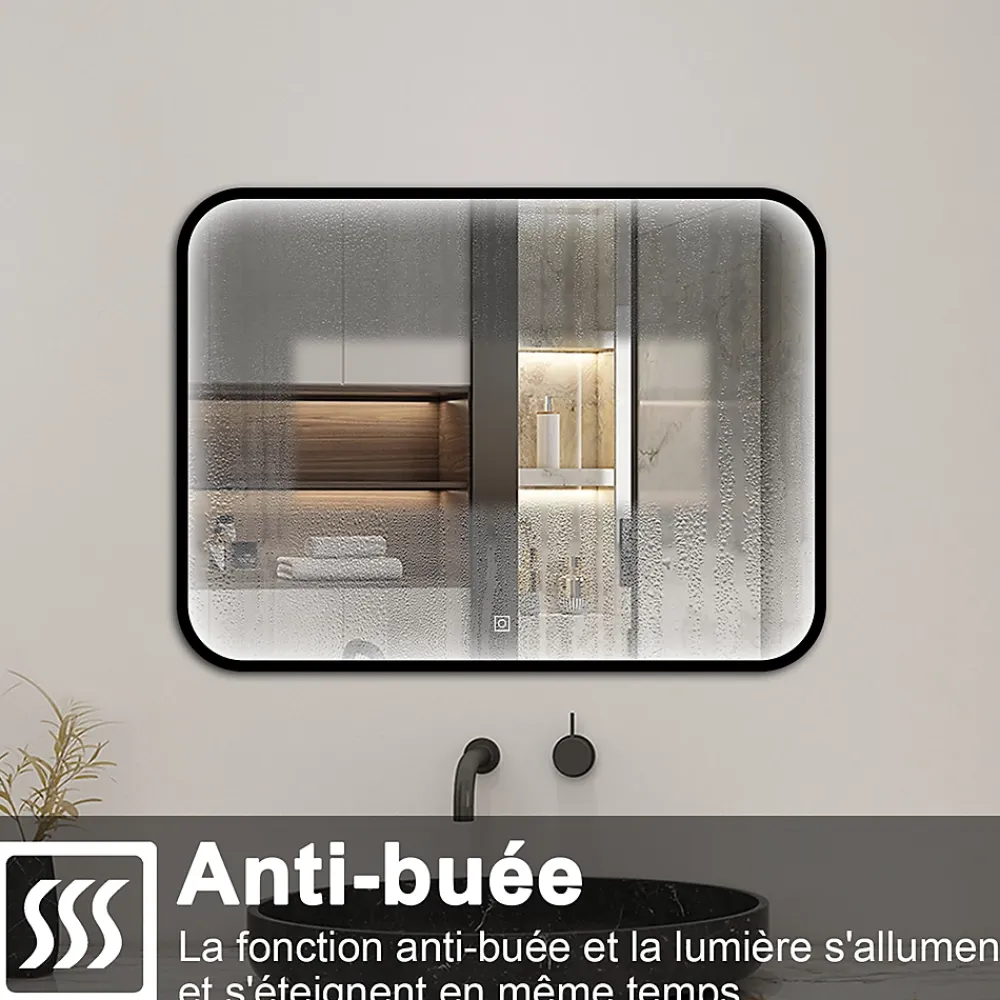Miroir Lumineux|AICA Sanitaire Miroir LED pour Salle de Bain 90x70 cm - Anti-Buée, Lumière tricolore et Dimmable