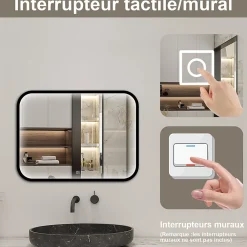 Miroir Lumineux|AICA Sanitaire Miroir LED pour Salle de Bain 90x70 cm - Anti-Buée, Lumière tricolore et Dimmable