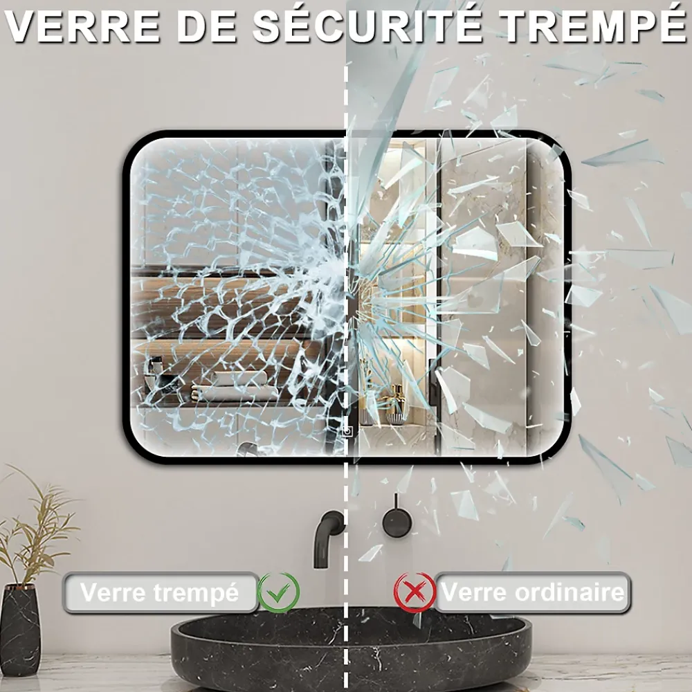Miroir Lumineux|AICA Sanitaire Miroir LED pour Salle de Bain 90x70 cm - Anti-Buée, Lumière tricolore et Dimmable