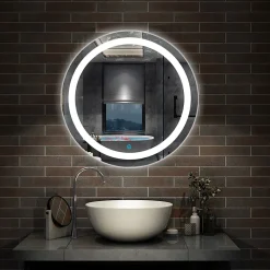 AICA Sanitaire Miroir LED rond de 60cm, dimmable + mémoire + antibuée, IP44, avec interrupteur tactile, 6000k blanc froid,