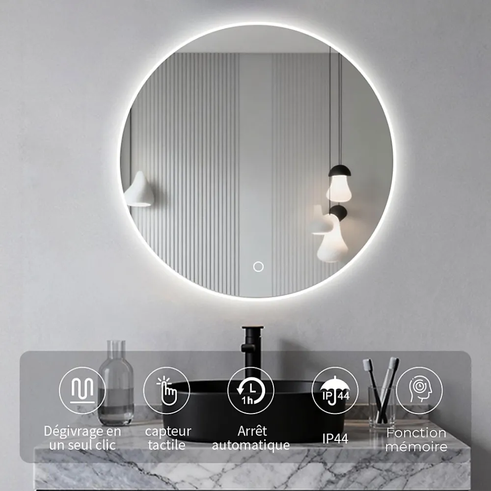 Saniland Miroir LED rond pour salle de bain de diamètre 60cm avec éclairage LED lumière froide