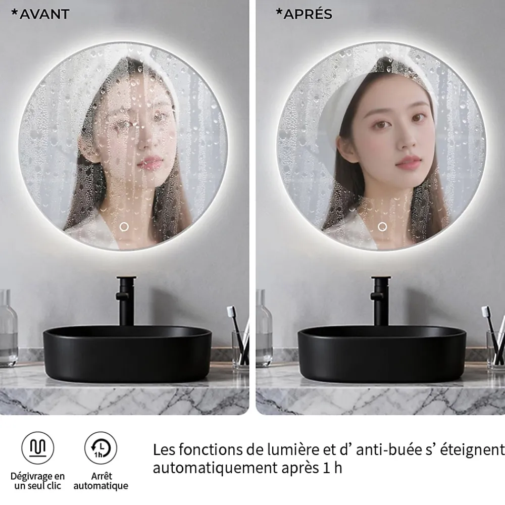 Saniland Miroir LED rond pour salle de bain de diamètre 60cm avec éclairage LED lumière froide