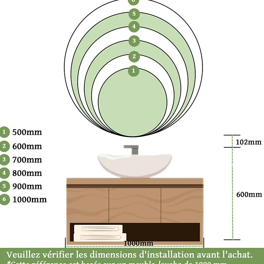 Saniland Miroir LED rond pour salle de bain de diamètre 60cm avec éclairage LED lumière froide