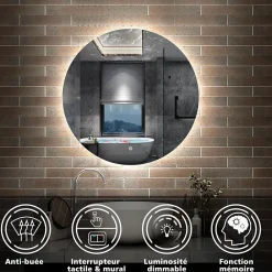 AICA Sanitaire Miroir LED rond sans cadre de 90cm, dimmable + mémoire + antibuée, IP44, horizontal/vertical, 6000k blanc froid,