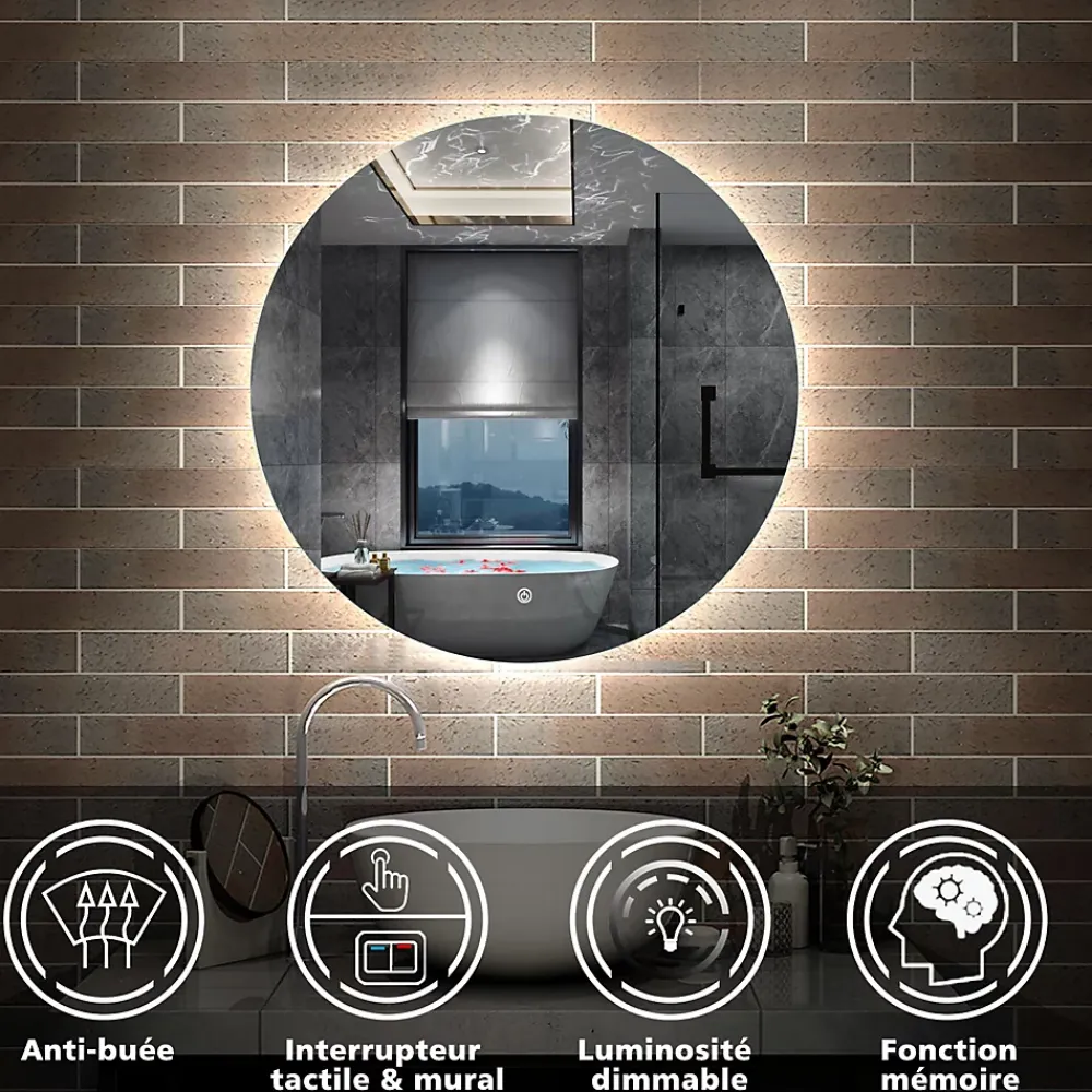 Miroir Lumineux|AICA Sanitaire Miroir LED rond sans cadre de 80cm, dimmable + mémoire + antibuée, IP44, horizontal/vertical, 6000k blanc froid,