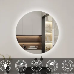 Miroir Lumineux|AICA Sanitaire Miroir LED rond sans cadre de 60cm, dimmable + mémoire, IP44, horizontal/vertical, 6000k blanc froid,