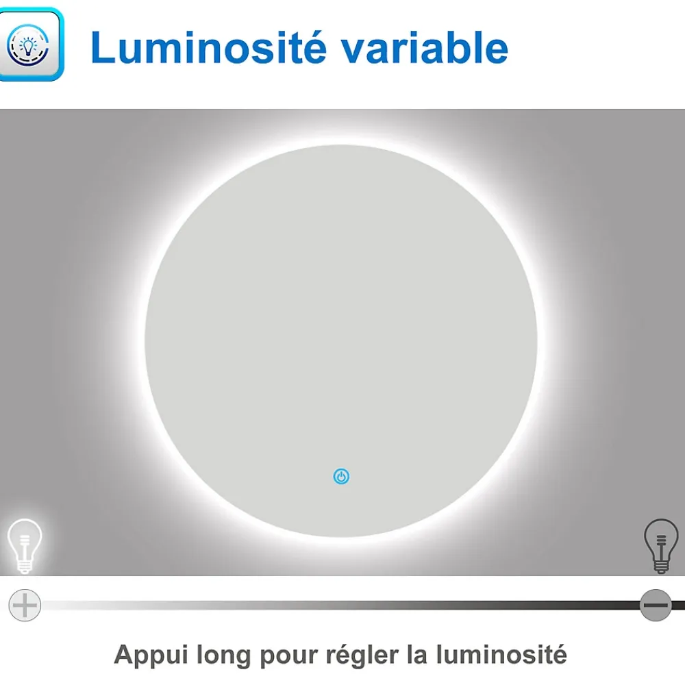 Miroir Lumineux|AICA Sanitaire Miroir LED rond sans cadre de 60cm, dimmable + mémoire, IP44, horizontal/vertical, 6000k blanc froid,
