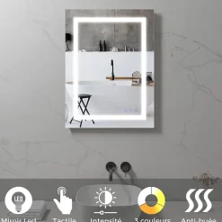 Saniverre Miroir LED salle de bain OBLONG 60 x 80 cm réversible, anti-buée + éclairage et intensité réglables -