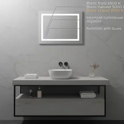 Saniverre Miroir LED salle de bain OBLONG 60 x 80 cm réversible, anti-buée + éclairage et intensité réglables -