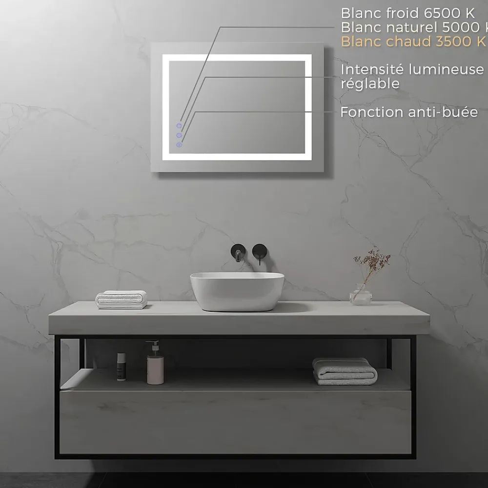 Saniverre Miroir LED salle de bain OBLONG 60 x 80 cm réversible, anti-buée + éclairage et intensité réglables -