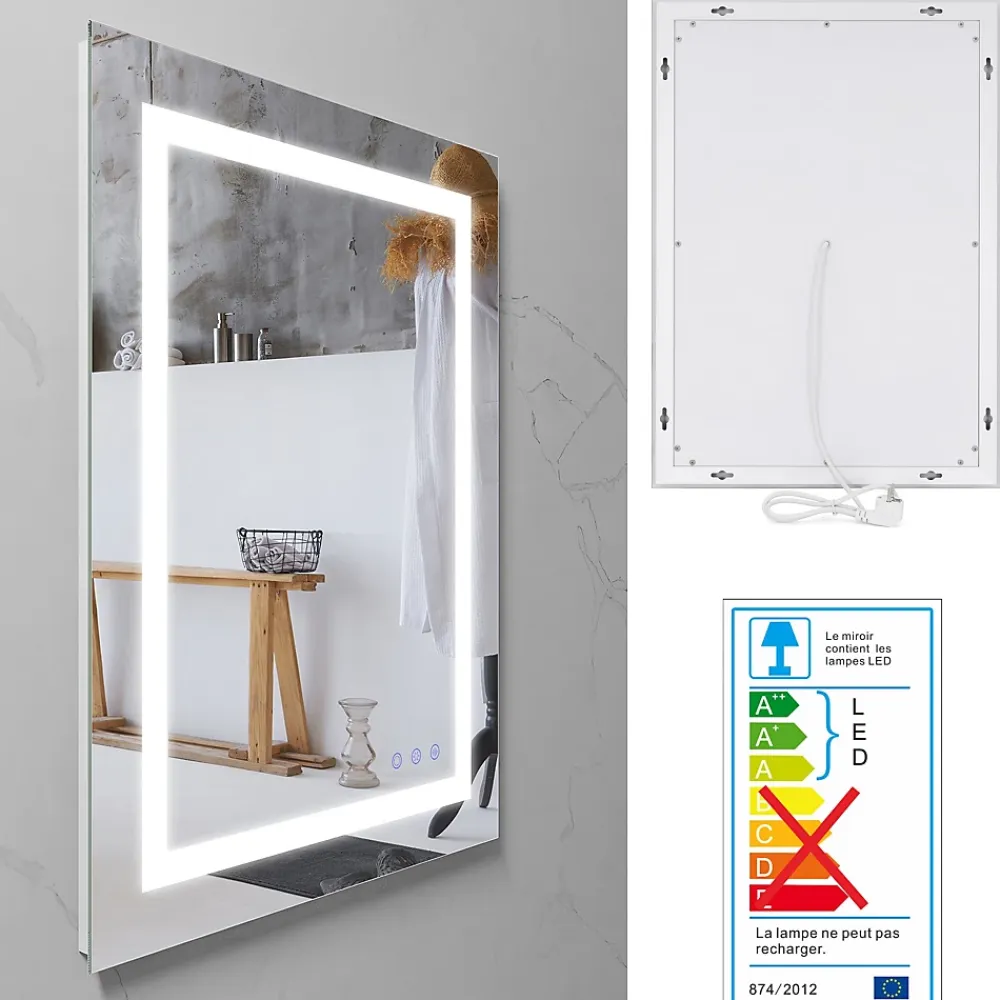 Saniverre Miroir LED salle de bain OBLONG 60 x 80 cm réversible, anti-buée + éclairage et intensité réglables -