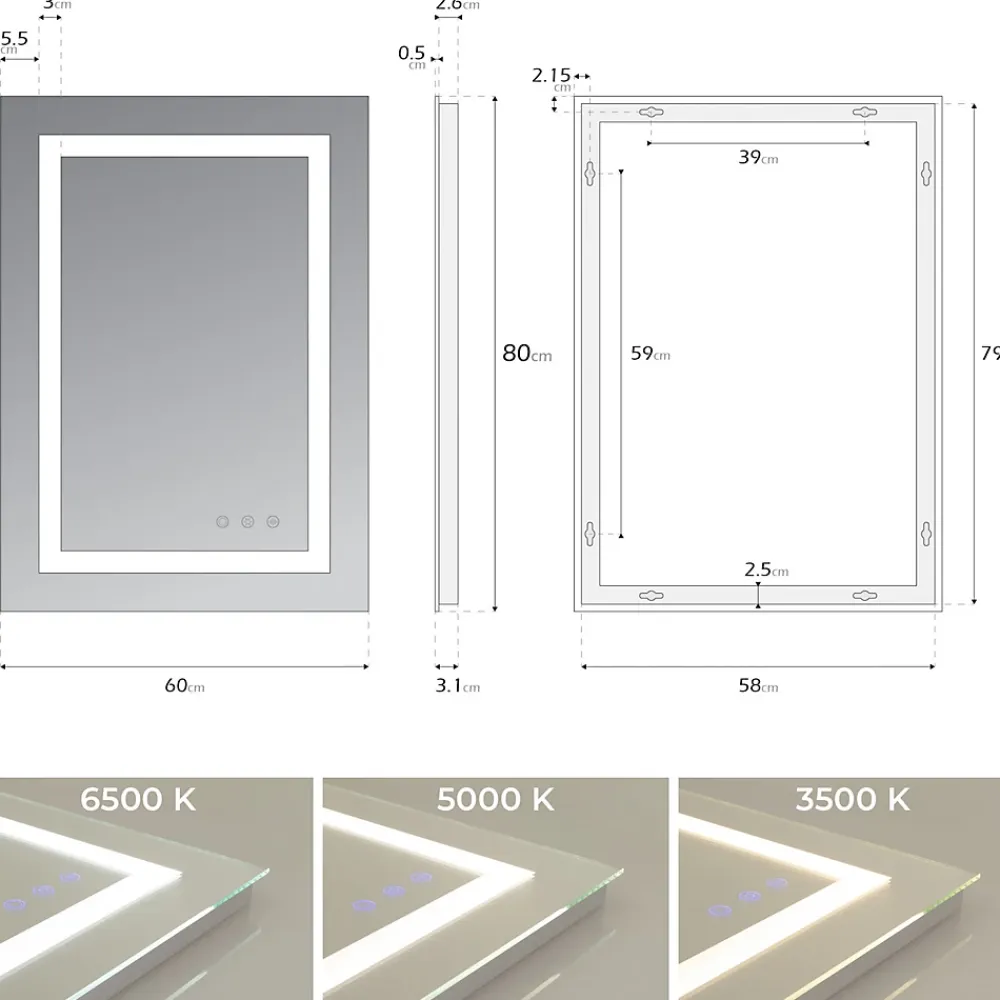 Saniverre Miroir LED salle de bain OBLONG 60 x 80 cm réversible, anti-buée + éclairage et intensité réglables -