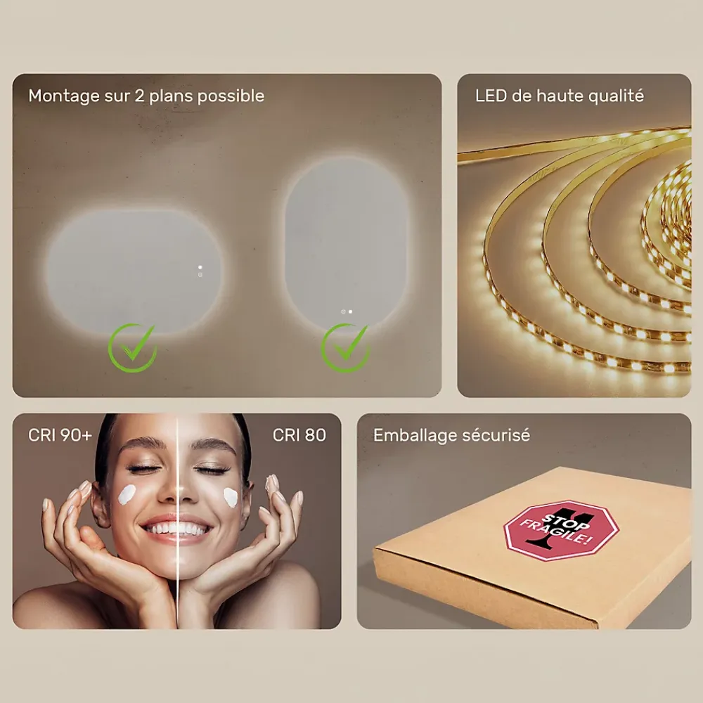 Artforma Miroir LED Salle de Bain - - Ovale - 100x70cm - LED Dual + interrupteur tactile + anti-buée