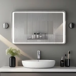 Miroir Lumineux|Saniland Miroir LED Salle de bain 70x50cm avec horloge digitale et hauts parleurs Bluetooth