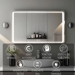 Miroir Lumineux|Saniland Miroir LED Salle de bain 70x50cm avec horloge digitale et hauts parleurs Bluetooth
