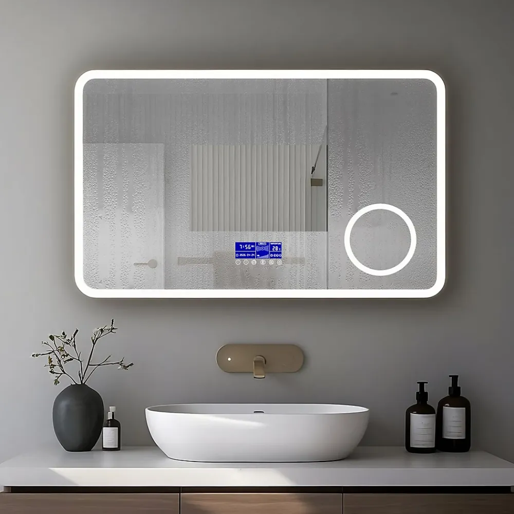 Mon Beau bain Miroir LED spécial maquillage 100x60 avec zone grossissante X3 et horloge digitale pour salle de bain