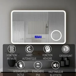 Mon Beau bain Miroir LED spécial maquillage 100x60 avec zone grossissante X3 et horloge digitale pour salle de bain