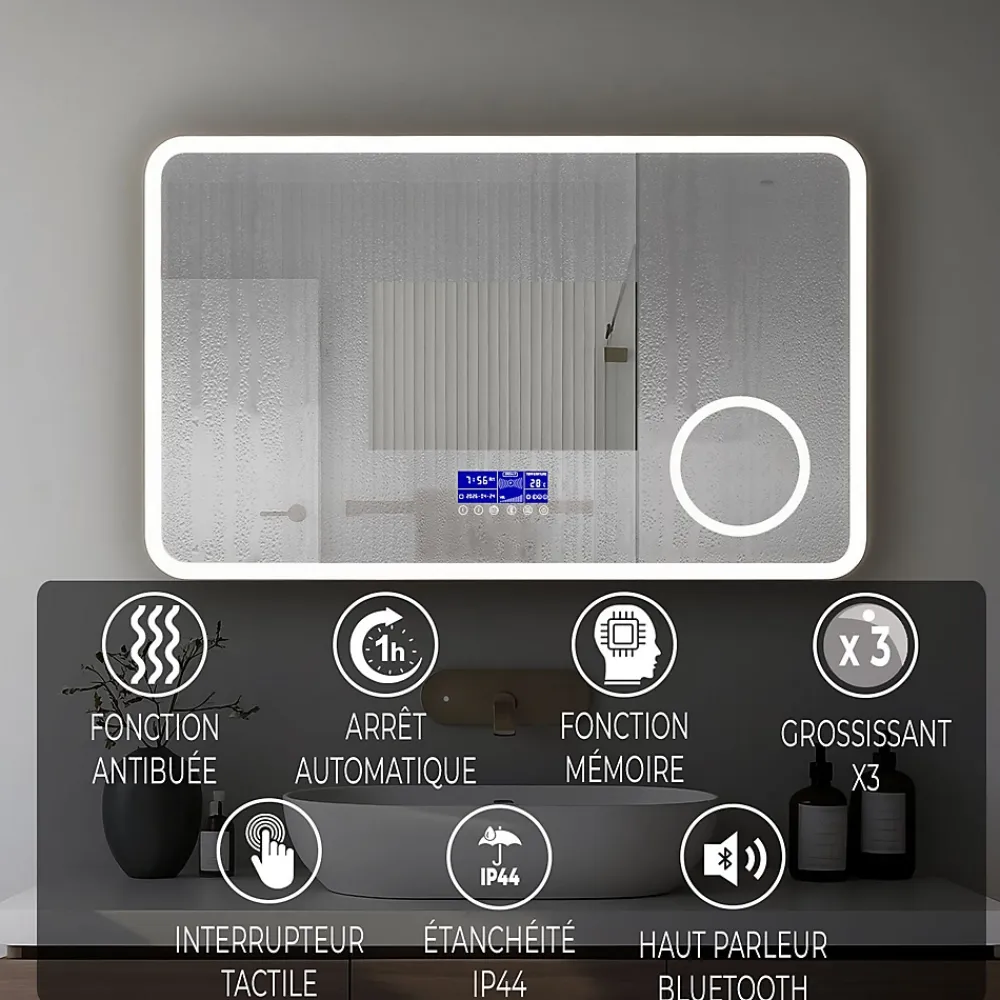 Mon Beau bain Miroir LED spécial maquillage 100x60 avec zone grossissante X3 et horloge digitale pour salle de bain