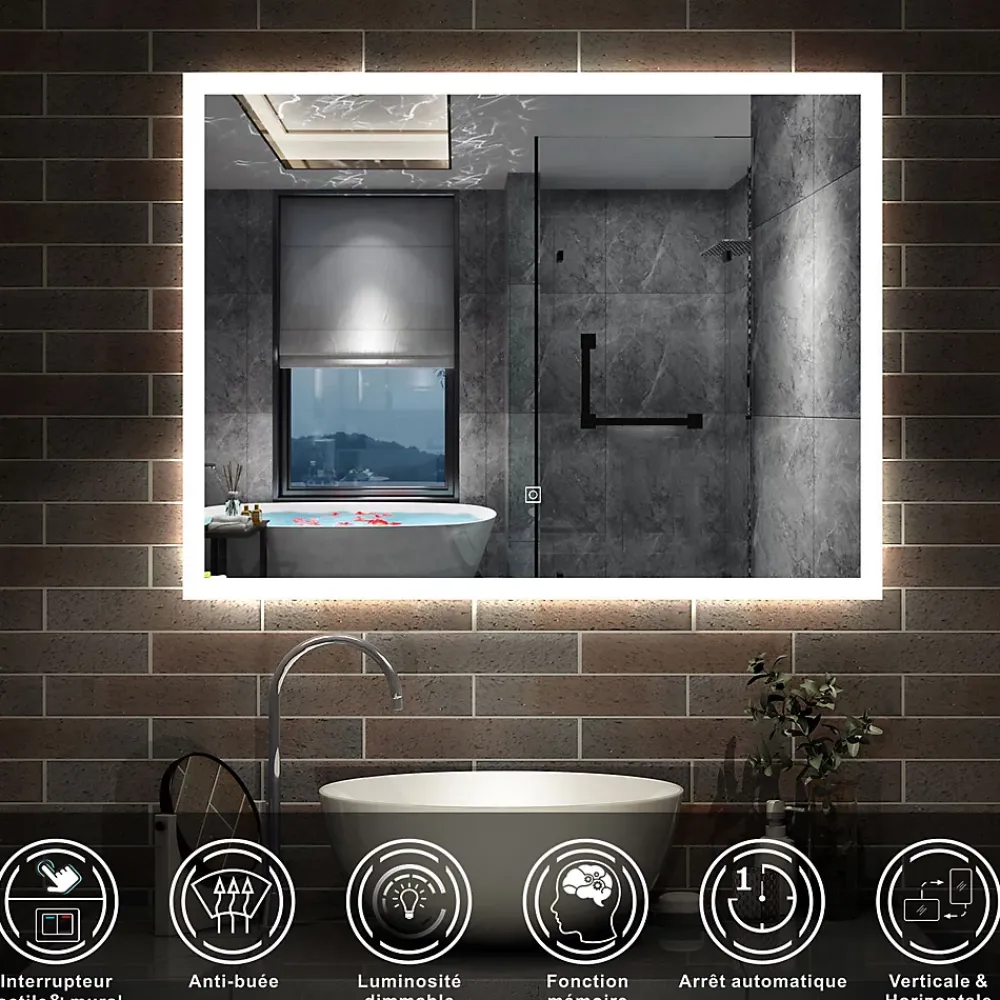 Miroir Lumineux|AICA Sanitaire Miroir lumineux à LED, 60x50cm, dimmable, avec mémoire et anti-buée, IP44, horizontal/vertical, blanc froid,