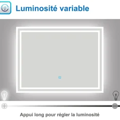 Miroir Lumineux|AICA Sanitaire Miroir lumineux à LED, 60x50cm, dimmable, avec mémoire et anti-buée, IP44, horizontal/vertical, blanc froid,
