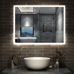 Miroir Lumineux|AICA Sanitaire Miroir lumineux à LED, 80x60cm, dimmable, avec mémoire et anti-buée, IP44, horizontal/vertical, blanc froid,