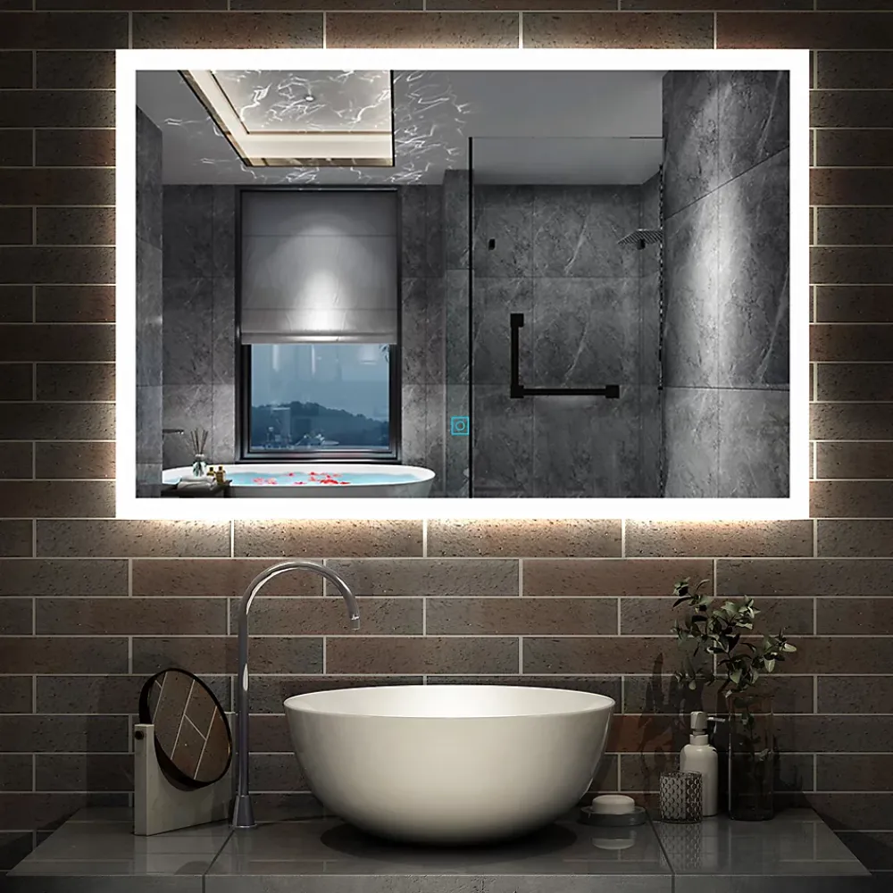 Miroir Lumineux|AICA Sanitaire Miroir lumineux à LED, 90x70cm, dimmable, avec mémoire et anti-buée, IP44, horizontal/vertical, blanc froid,