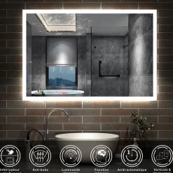 Miroir Lumineux|AICA Sanitaire Miroir lumineux à LED, 90x70cm, dimmable, avec mémoire et anti-buée, IP44, horizontal/vertical, blanc froid,