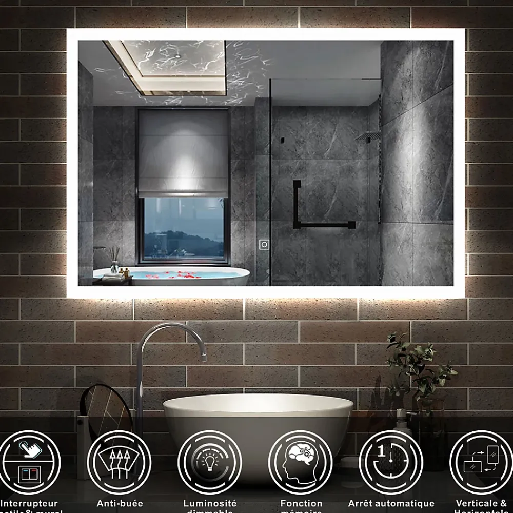 Miroir Lumineux|AICA Sanitaire Miroir lumineux à LED, 90x70cm, dimmable, avec mémoire et anti-buée, IP44, horizontal/vertical, blanc froid,