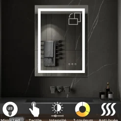Saniverre Miroir lumineux CIMEO 70 x 90 cm (ou 90x70) LED 2100 lms, antibuée + intensité & couleur réglables salle de bain -