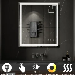 Miroir Lumineux|Saniverre Miroir lumineux CIMEO 90 x 100 cm (ou 100x90) LED 2100 lms, antibuée + intensité & couleur réglables salle de bain -