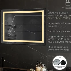 Miroir Lumineux|Saniverre Miroir lumineux CIMEO 90 x 100 cm (ou 100x90) LED 2100 lms, antibuée + intensité & couleur réglables salle de bain -